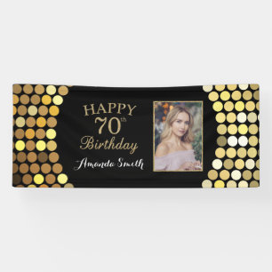 Happy 70th Birthday Banner. Gold Glitter Photo Banner