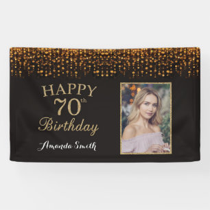 Happy 70th Birthday Banner. Gold Glitter Photo Banner