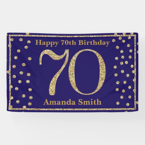 Happy 70th Birthday Banner Navy Blue Gold Glitter