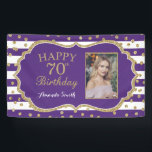 Happy 70th Birthday Banner Purple Gold Photo<br><div class="desc">Happy 70th Birthday Banner for women or man. Purple and Gold Birthday Party Banner. Gold Glitter Confetti. Black and White Stripes. Printable Digital. For further customization,  please click the "Customize it" button and use our design tool to modify this template.</div>