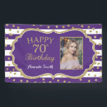 Happy 70th Birthday Banner Purple Gold Photo<br><div class="desc">Happy 70th Birthday Banner for women or man. Purple and Gold Birthday Party Banner. Gold Glitter Confetti. Black and White Stripes. Printable Digital. For further customization,  please click the "Customize it" button and use our design tool to modify this template.</div>