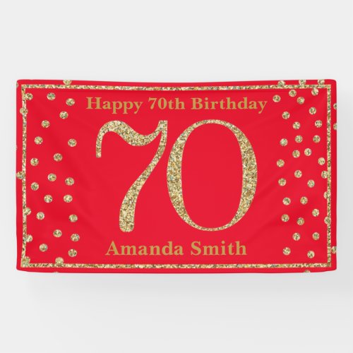 Happy 70th Birthday Banner Red and Gold Glitter