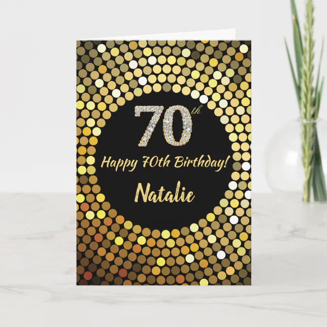 Happy 70th Birthday Black and Gold Glitter Card | Zazzle