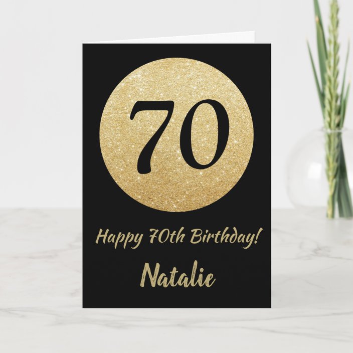 Happy 70th Birthday Black and Gold Glitter Card | Zazzle.com