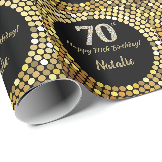 Happy 70th Birthday Black and Gold Glitter Wrapping Paper (Roll Corner)