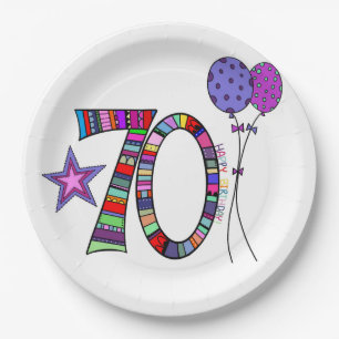 Happy 70th Birthday. Colorful 70th Bday Paper Plates
