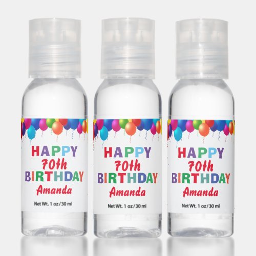 Happy 70th Birthday Colorful Balloons Confetti Hand Sanitizer
