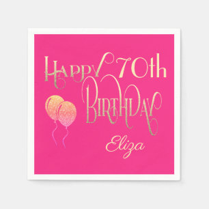 Happy 70th Birthday Decorative Script Gold Pink Napkins