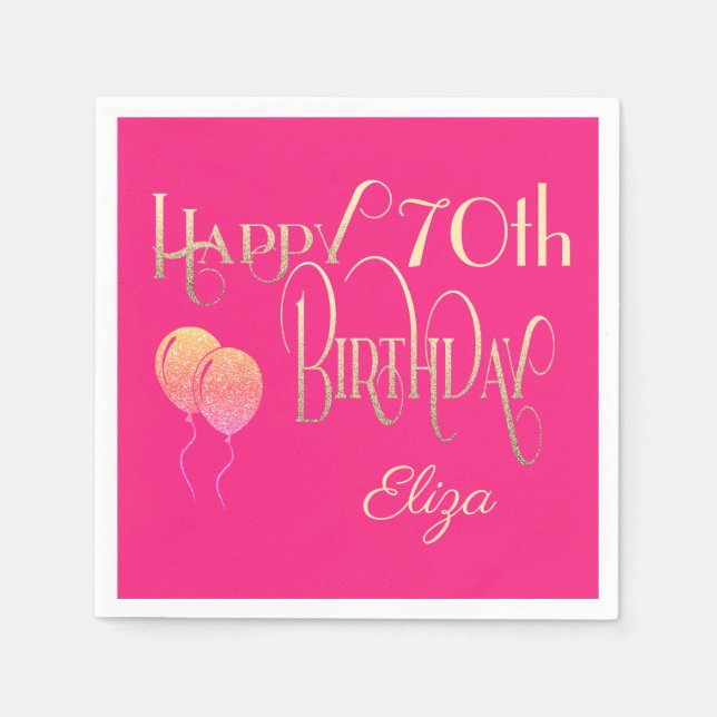 Happy 70th Birthday Decorative Script Gold Pink Napkins (Front)