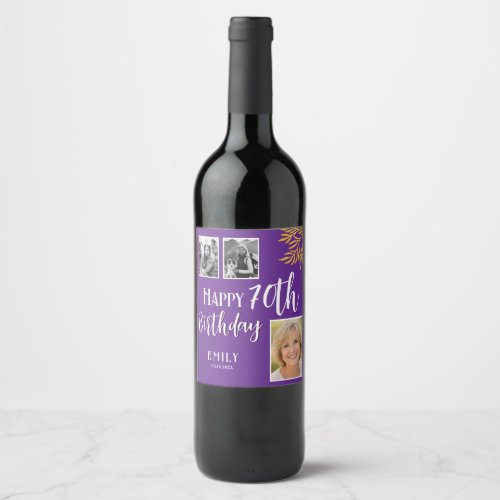Happy 70th Birthday Gold Foliage 3 Photo  Wine Label