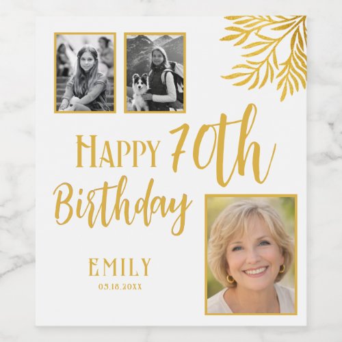 Happy 70th Birthday Gold Foliage 3 Photo  Wine Label