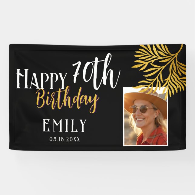 Happy 70th Birthday Gold Foliage Photo Backdrop Banner (Horizontal)