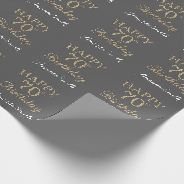 Happy 70th Birthday Gold Glitter and Gray Wrapping Paper (Corner)