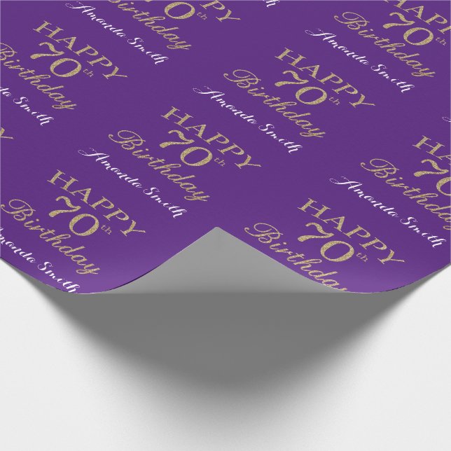 Happy 70th Birthday Gold Glitter and Purple Wrapping Paper (Corner)