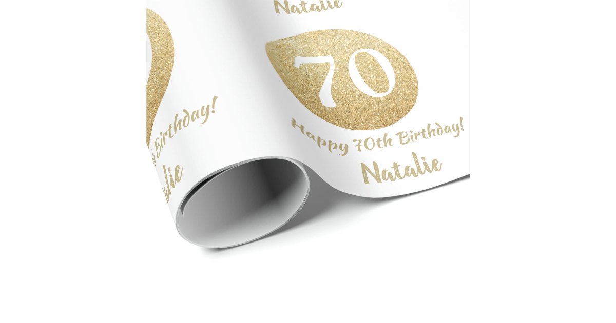 Happy 70th Birthday Gold Glitter and White Wrapping Paper | Zazzle