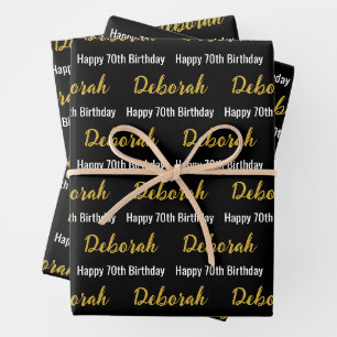 Happy 70th Birthday Gold Name Black and White Wrapping Paper Sheets