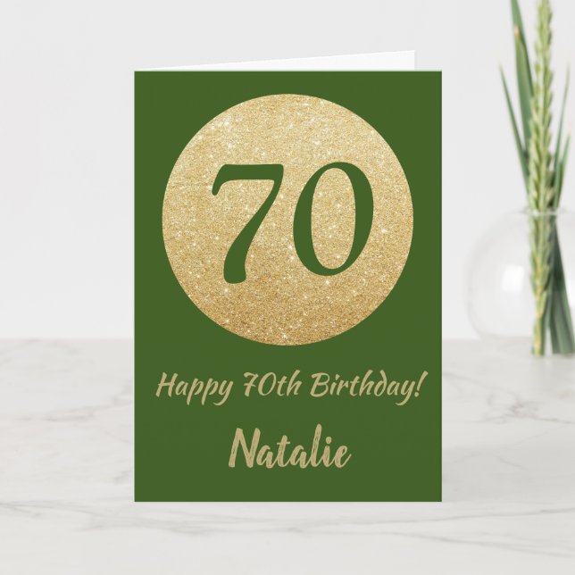 Happy 70th Birthday Green and Gold Glitter Card (Front)