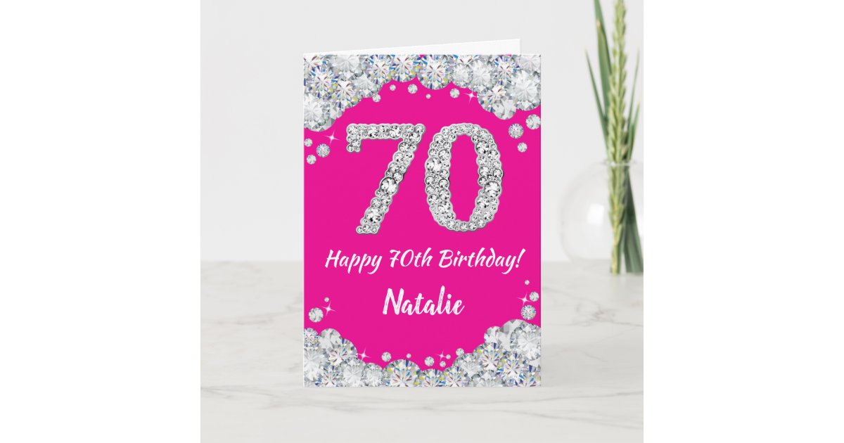 Happy 70th Birthday Hot Pink and Silver Glitter Card | Zazzle