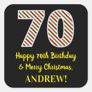 Happy 70th Birthday & Merry Christmas, Custom Name Square Sticker
