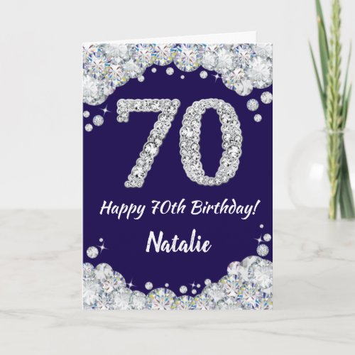 Happy 70th Birthday Navy Blue and Silver Glitter