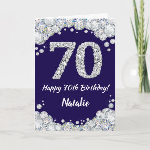 Happy 70th Birthday Navy Blue and Silver Glitter Card