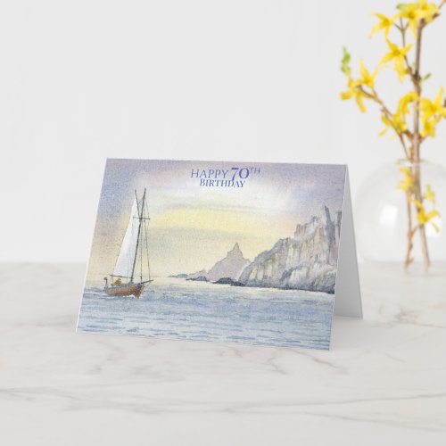 Happy 70th Birthday Ocean Boat Watercolor Card