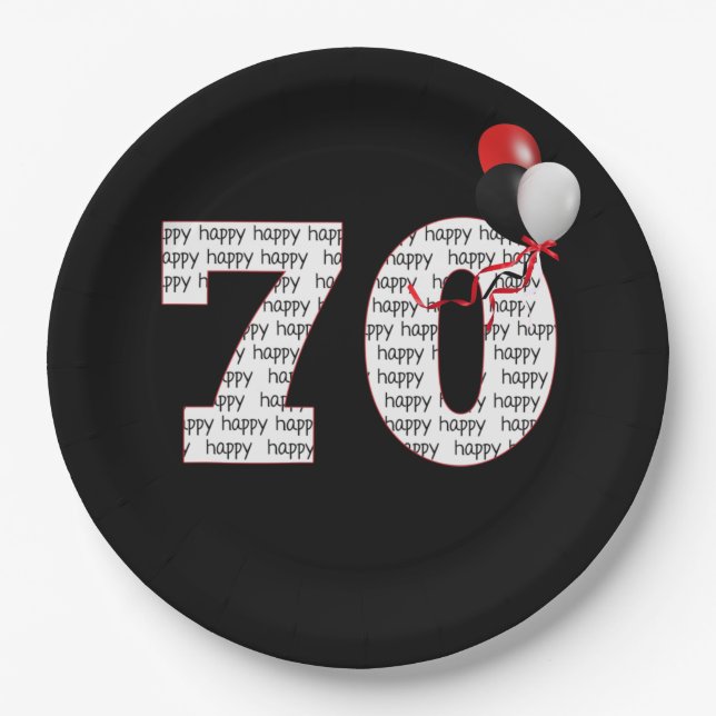 Happy 70th Birthday On Black Paper Plates (Front)