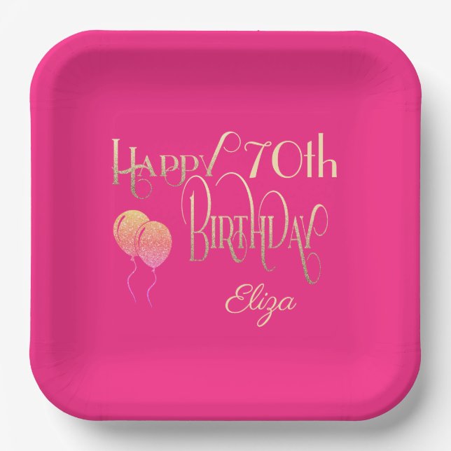 Happy 70th Birthday Ornate Script Gold Pink Paper Plates (Front)