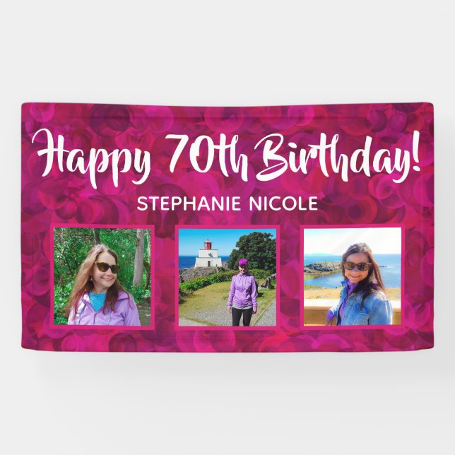 Happy 70th Birthday Pink Personalized Photos Banner (Horizontal)