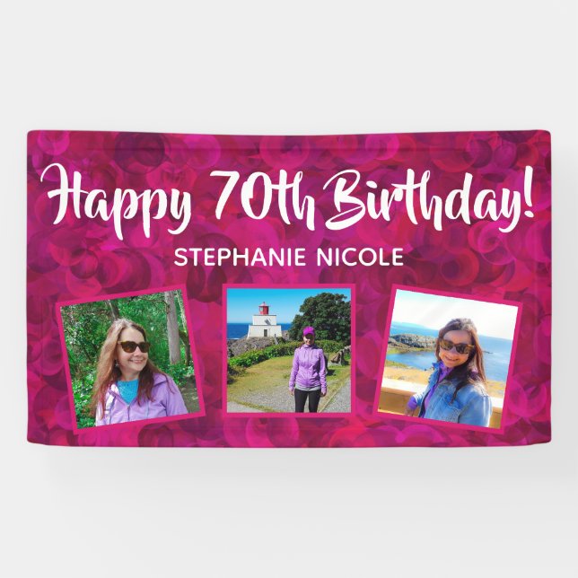 Happy 70th Birthday Pink Personalized Photos Banner (Horizontal)