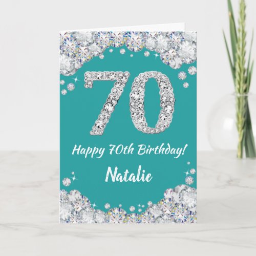 Happy 70th Birthday Teal and Silver Glitter Card
