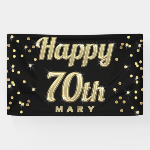 Happy 70th Gold Bling Typography Confetti Black Banner