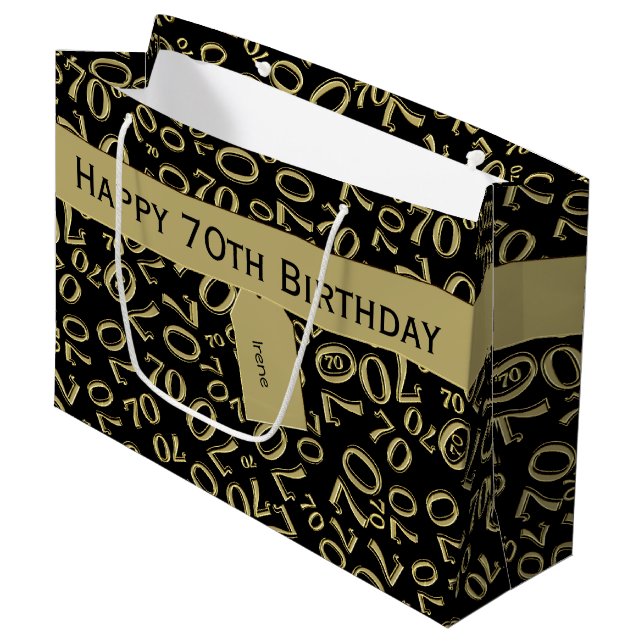 Happy 70th Random Number Pattern Black/Gold Large Gift Bag (Front Angled)