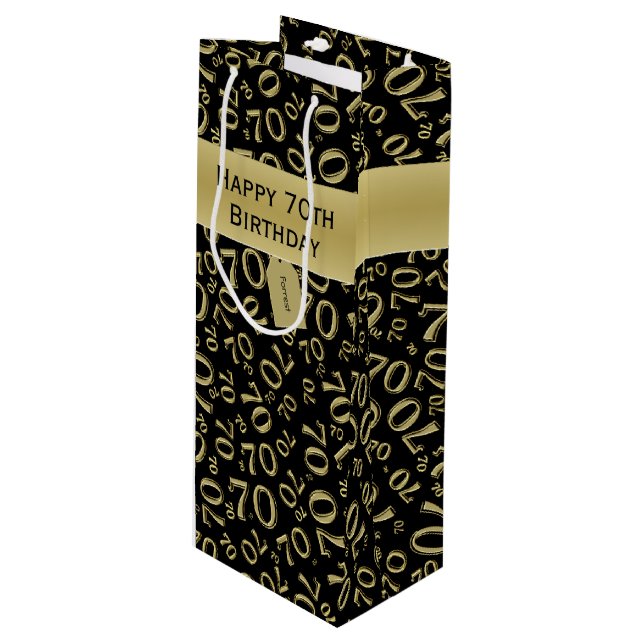 Happy 70th Random Number Pattern Black/Gold Wine Gift Bag (Front Angled)