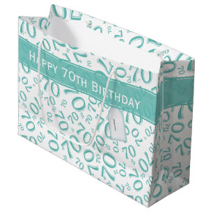 Happy 70th Random Number Pattern Teal/White Large Gift Bag