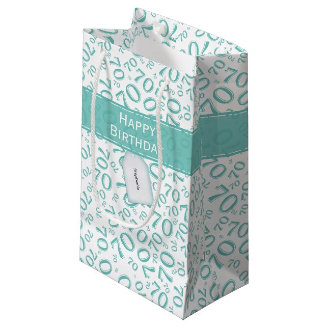 Happy 70th Random Number Pattern Teal/White Small Gift Bag (Front Angled)