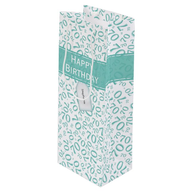 Happy 70th Random Number Pattern Teal/White Wine Gift Bag (Front Angled)