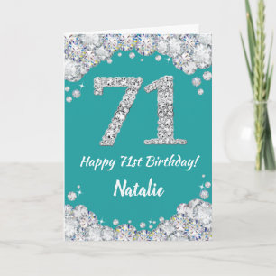 Happy 71st Birthday Teal and Silver Glitter Card