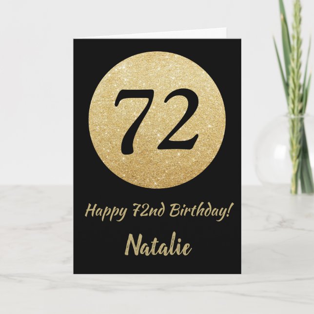 Happy 72nd Birthday Black and Gold Glitter Card (Front)