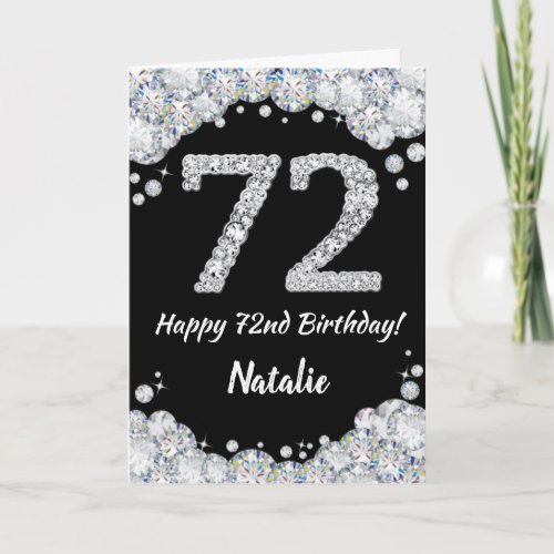 Happy 72nd Birthday Black and Silver Glitter Card