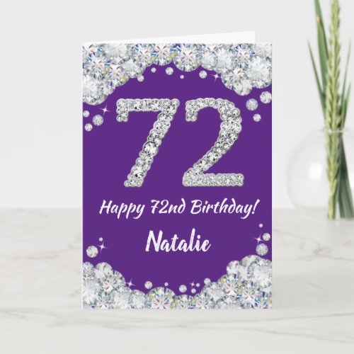 Happy 72nd Birthday Purple and Silver Glitter Card