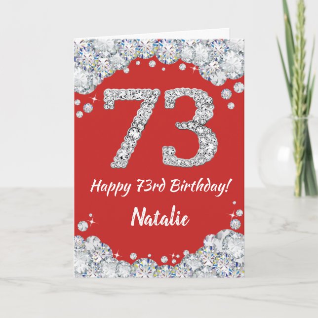 Happy 73rd Birthday Red and Silver Glitter Card (Front)