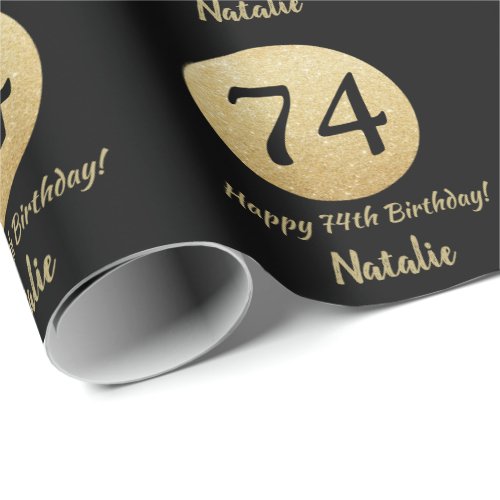 Happy 74th Birthday Black and Gold Glitter Wrapping Paper