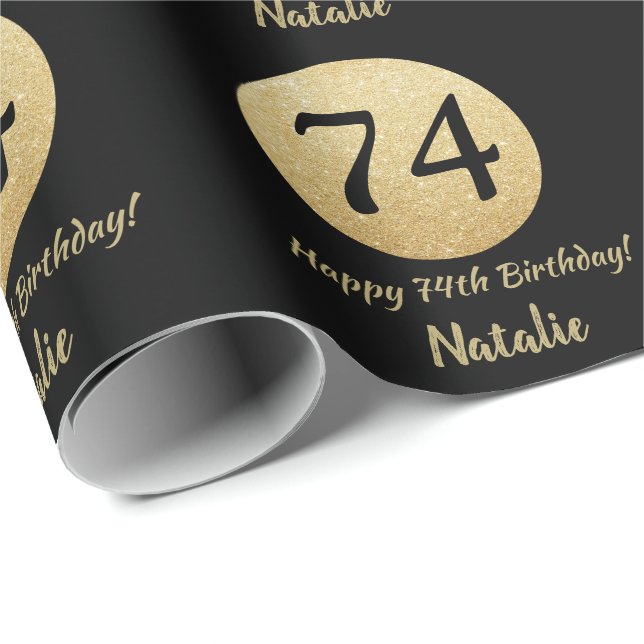Happy 74th Birthday Black and Gold Glitter Wrapping Paper (Roll Corner)