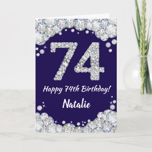 Happy 74th Birthday Navy Blue and Silver Glitter Card