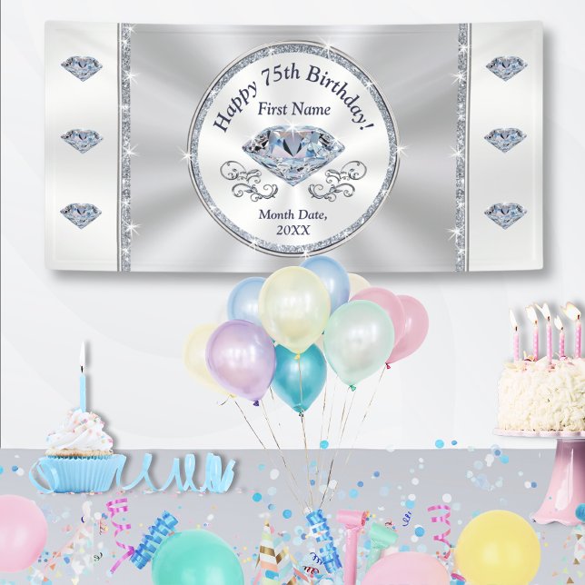 Happy 75th Birthday Banner, Personalized Banner (Happy 75th Birthday Banner. 75th birthday celebration ideas for mom, dad, grandma or grandpa. 75 yr.)