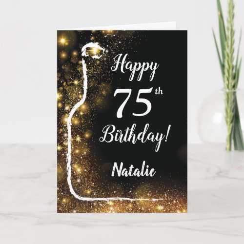 Happy 75th Birthday Black and Gold Glitter Wine