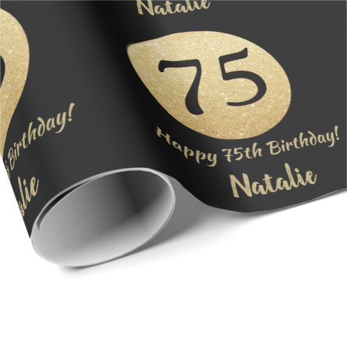 Happy 75th Birthday Black and Gold Glitter Wrapping Paper