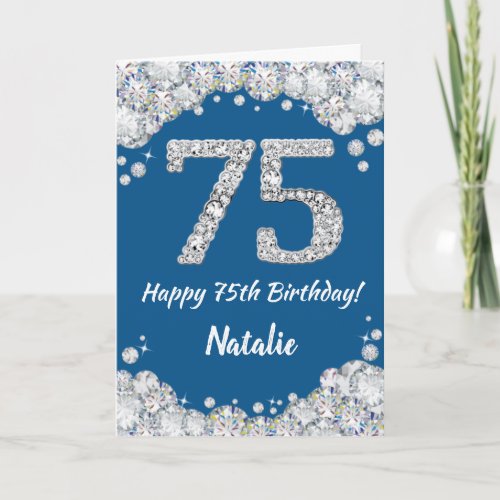 Happy 75th Birthday Blue and Silver Glitter Card