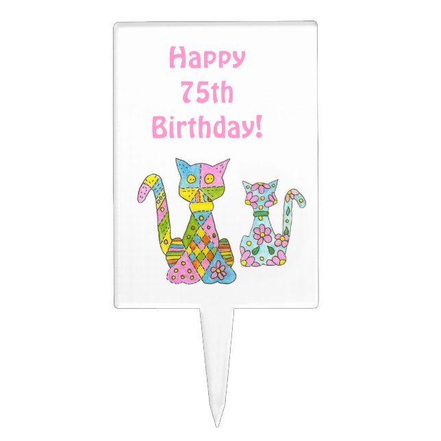 Happy 75th  Birthday Cake Pick with cats (Front)